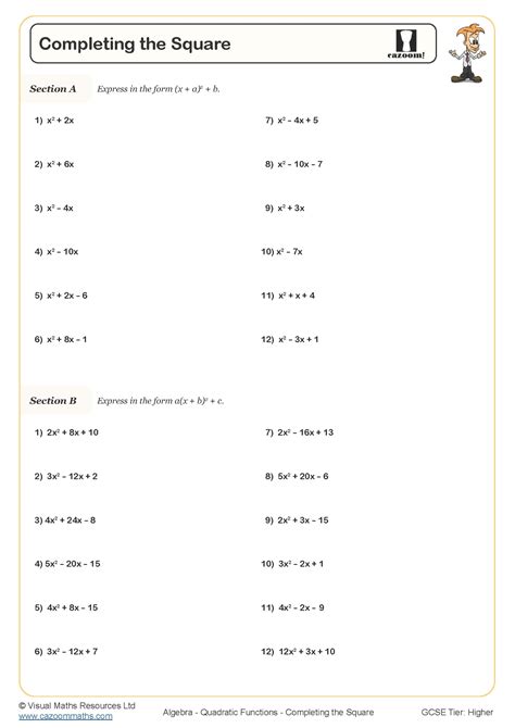 Completing the Square Worksheet | Cazoom Maths Worksheets