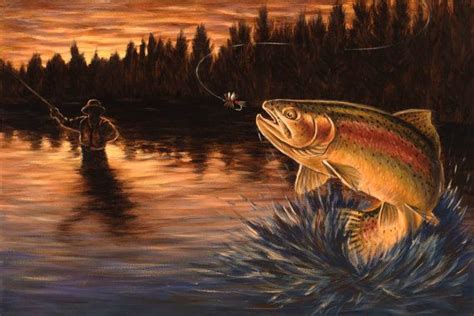 Fishing Print On Canvas Fish Painting Fly Fishing Etsy Fish