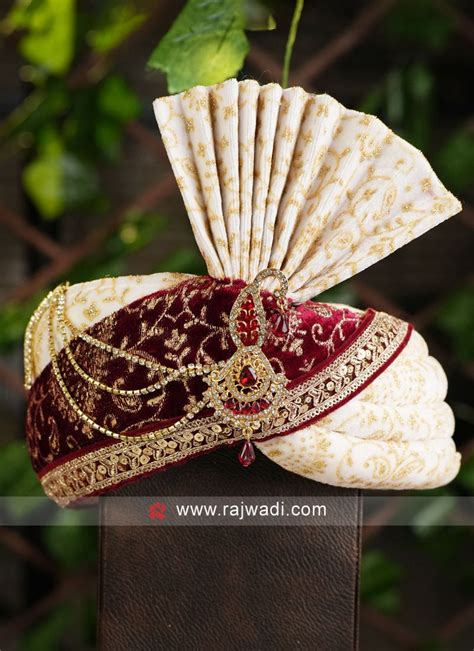 Off White And Maroon Groom Wear Safa For Wedding