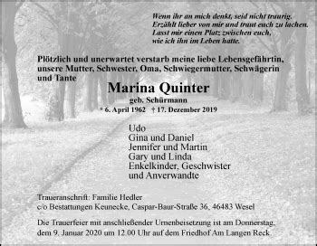 Traueranzeigen Von Marina Quinter Trauer In Nrw De