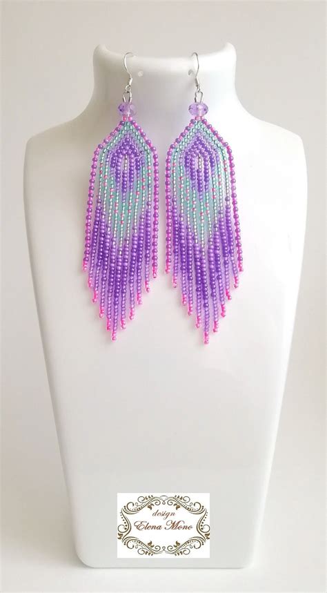 Brick Stitch Long Fringe Earrings Unicorn Beaded Etsy