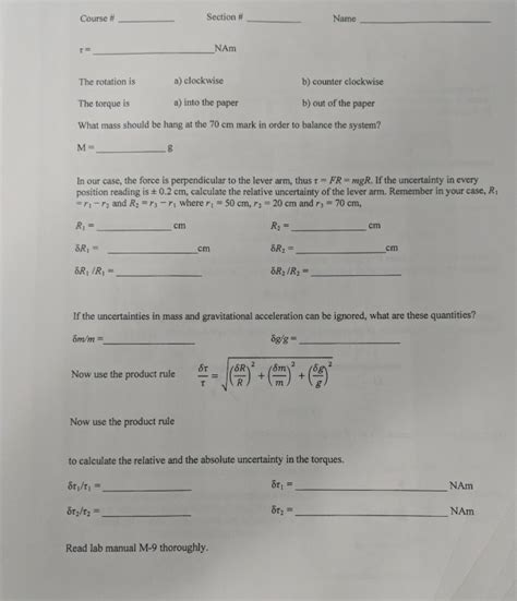 Solved Course Section Name Pre Lab Torque And Center Of Chegg