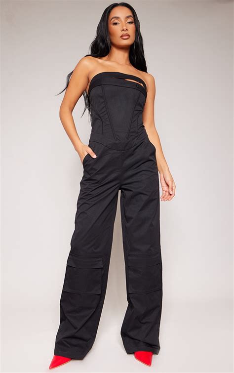 Black Corset Utility Flared Bandeau Jumpsuit Jumpsuits And Playsuits Prettylittlething Aus