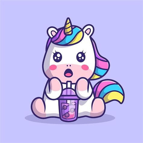 Lindo unicornio bebiendo boba leche té dibujos animados vector icono