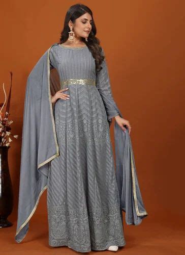 Grey Faux Georgette Embroidered Ready To Wear Gown At Rs Party