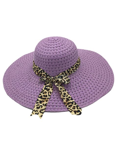 Womens Summer Beach Panama Straw Hat Wide Brim Leopard Bow Floppy Straw