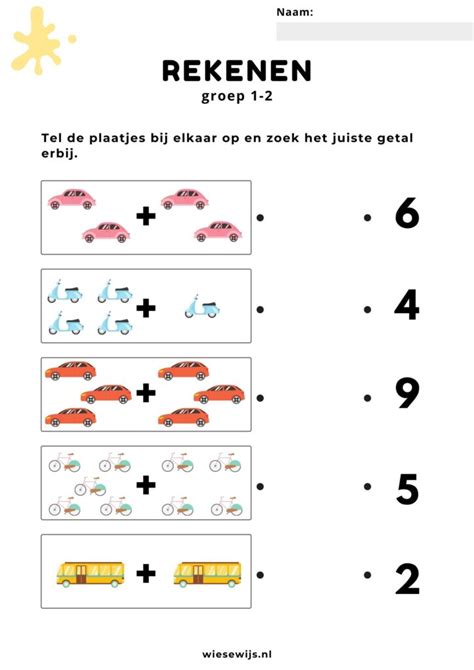 Werkblad Rekenen Groep Plaatjes Optellen Thema Vervoer Wiesewijs