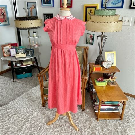 Vintage Dresses Vintage S Style Dress Coral Pink Swiss Polka Dot