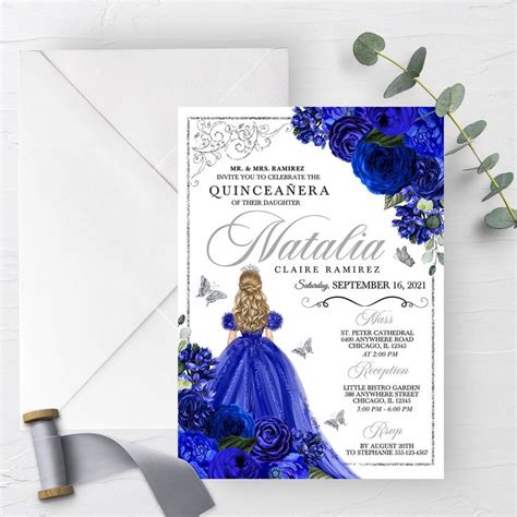 Editable Invitation Royal Blue Silver Floral Quinceanera Invitation