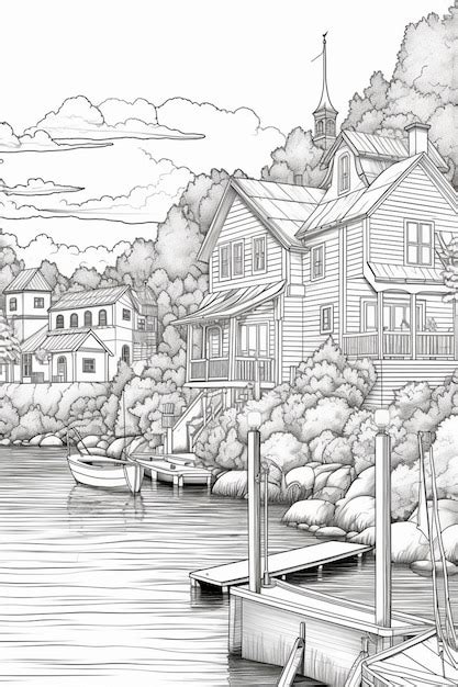 Premium Ai Image A Drawing Of A Boat Dock With A House And A Boat