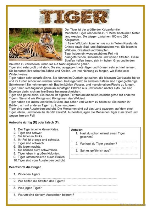 Einfache Texte Tiger allgemeine Deutsch DAF Arbeitsblätter pdf doc