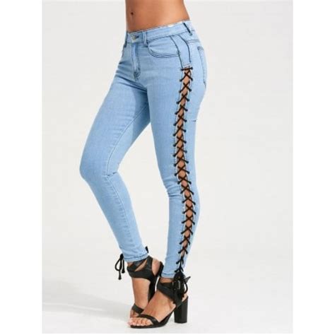 See Thru Criss Cross Side Skinny Jeans Light Blue Lbottoms