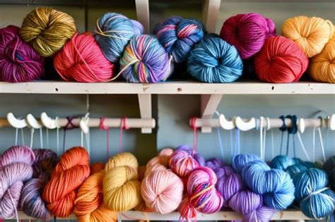 Premium Photo Colorful Yarn Balls On Shelf Above A Knitting Station