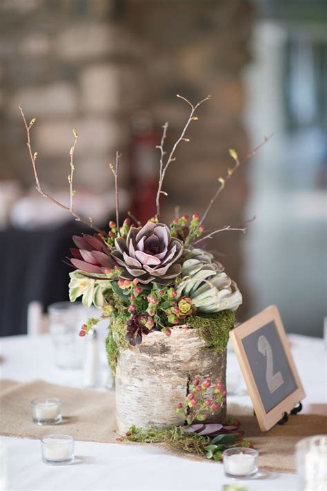 Succulent And Birch Wood Centerpiece Succulent Wedding Centerpieces