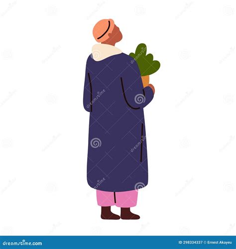 Winter Holiday Character with Potted Christmas Tree in Hand. Black
