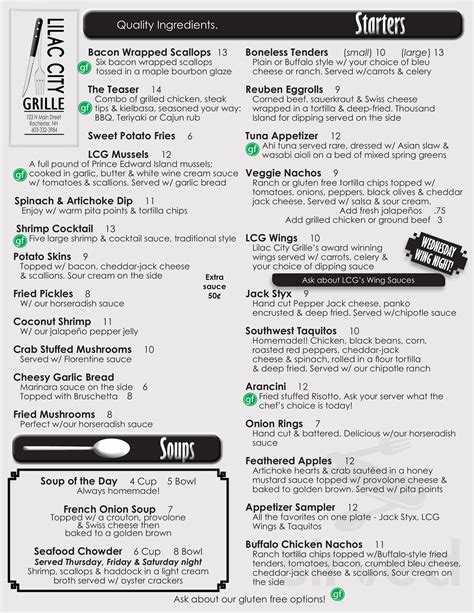 Lilac City Grille Menu In Rochester New Hampshire Usa