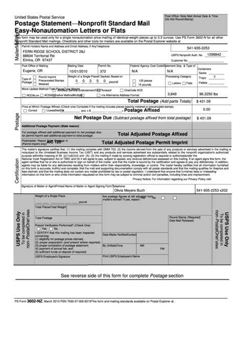 Usps 3602nz Postage Statement Nonprofit Standard Mail Easy