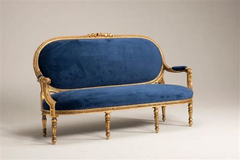 Louis Xvi Style Giltwood Goldfoil Blue Velvet Sofa From Italy From