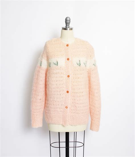 Vintage 1960s Sweater Italian Wool Mohair Pink Chunky Knit Cardigan