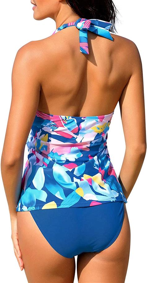 Roskiky Damen Badeanzug Zweiteiliges Halter Tankini Set Mit V Ausschnitt Amazonde Fashion