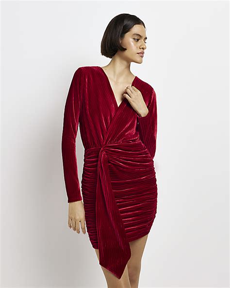 Red Velvet Wrap Bodycon Mini Dress River Island