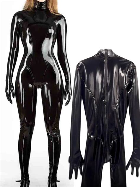 Vingers Wet Look Pvc Catsuit Shiny Pu Lederen Bodystocking Rits Open