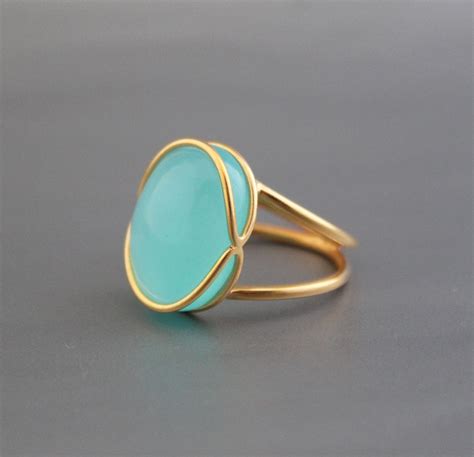 Aqua Chalcedony Ring K Gold Ring Oval Ring Sterling Silver