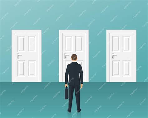 Premium Vector Businessman Standing In Front Of Three Closed Doors