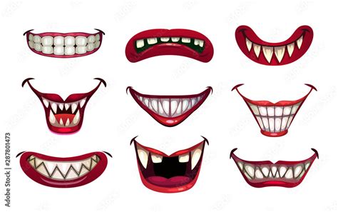 Creepy clown mouths set. Scary smile with jaws and red lips. Stock ...