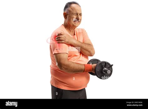 Mature Man With Painful Shoulder Lifting Weights Isolated On White