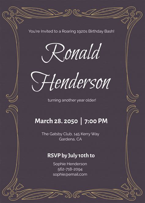 Free 1920s Themed Adult Birthday Invitation Template Edit Online