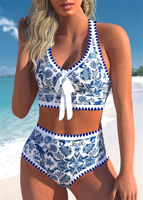 High Waisted Tribal Print Bowknot Blue Bikini Set Rosewe Usd