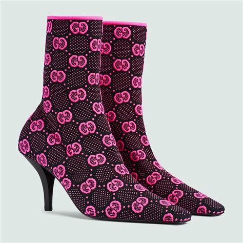 Women S Gg Knit Ankle Boots In Black And Fluorescent Fuchsia Gucci