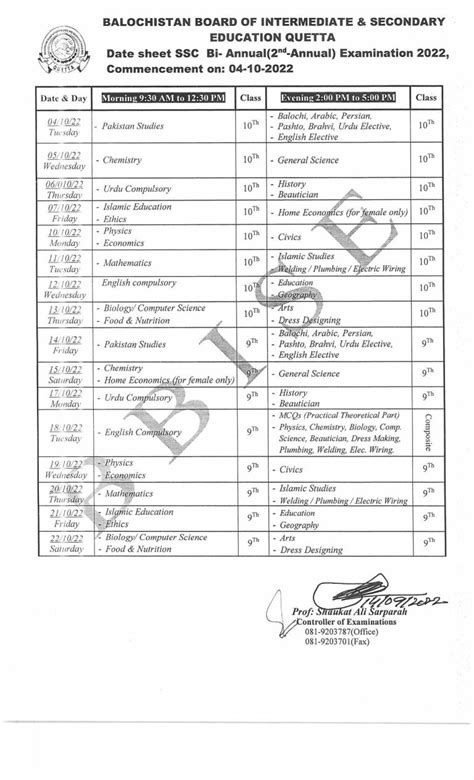 Bise Balochistan Board Ssc Nd Annual Examination Datesheet