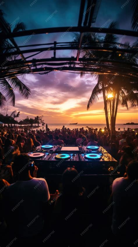Premium Ai Image A Dj Booth On The Beach With A Crowd Of People