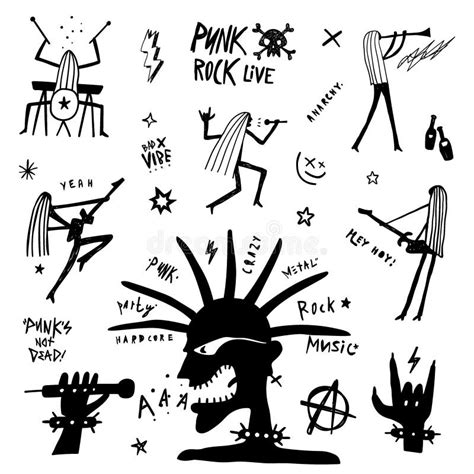 Punk Rock Musical Band Vector Doodle Set Stock Illustration