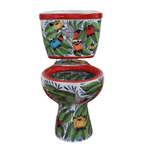 Round Mexican Talavera Toilet Colibri Rojo Casa Castillo