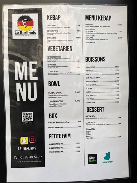 Menu Au Le Berlinois Kebap Restaurant Paris