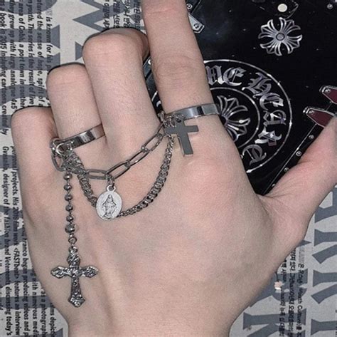 Itgirl Shop Silver Crosses Goth Aesthetic Chain Rings Grunge