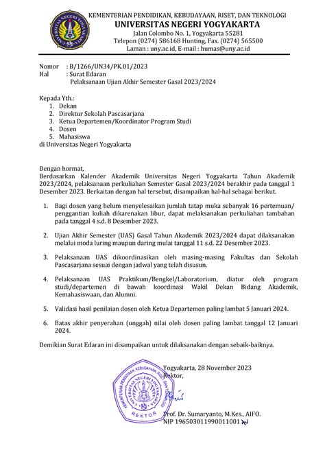 Pelaksanaan Ujian Akhir Semester Gasal Universitas Negeri