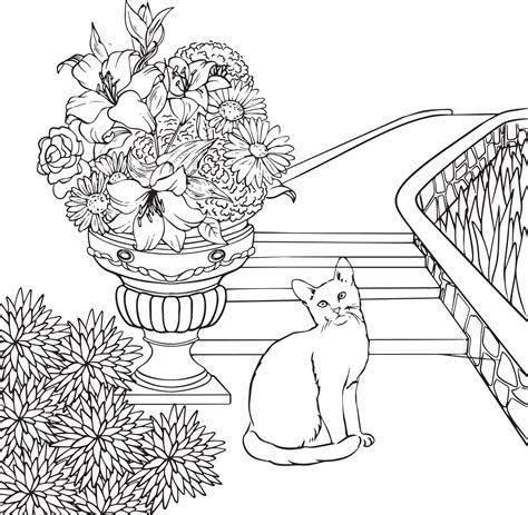Staircase Cat Vase With Flowers Garden Black And White Vector Drawing