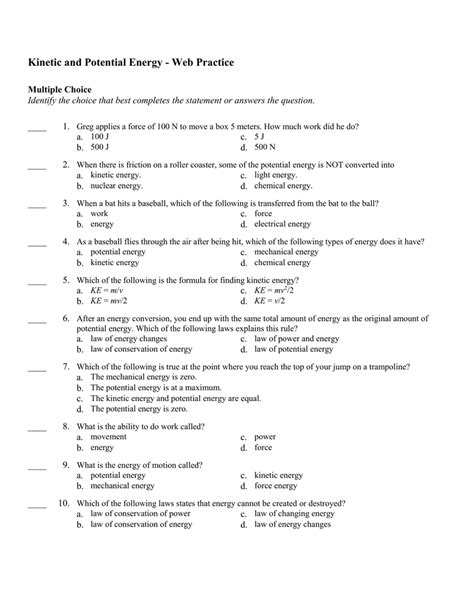 Potential Vs Kinetic Energy Worksheet