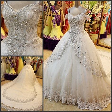 Discount 2017 Bling Crystal Wedding Dresses Ball Gown Lace Applique