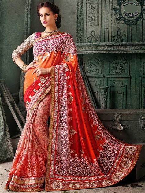 Buy Heavy Work Sarees Designs Shaded Orange Heavy Work Saree 3013MN