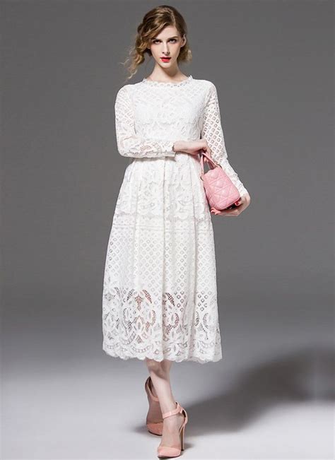 Long Sleeved White Lace Midi Dress With Scalloped Hem Casual Dresses For Women White Lace