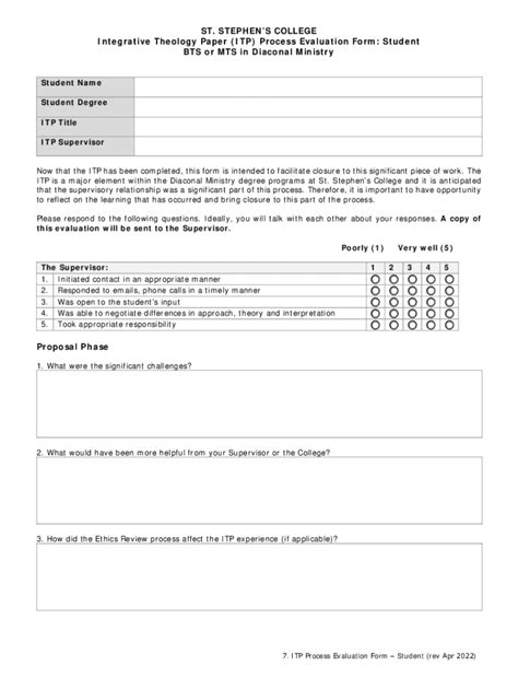 Fillable Online 7 Itp Process Evaluation Form Student Pdf Fax Email