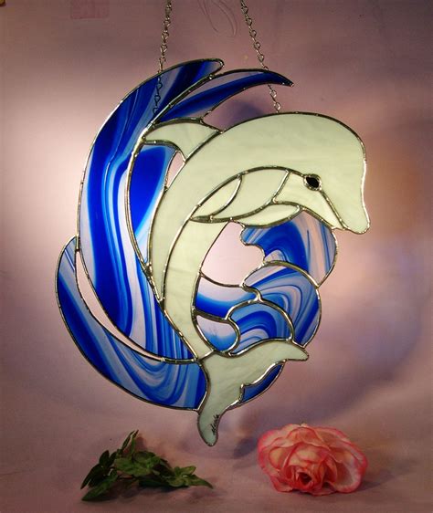 Stained Glass Dolphin Playing In The Waves 427 Stained Glass Dolphins Glass