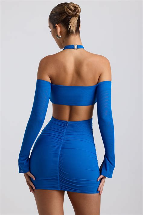 Kemina Off Shoulder Ruched Cut Out Mini Dress In Cobalt Blue Oh Polly