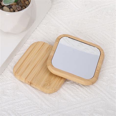 Custom Logo Round Pocket Bamboo Mirror Handheld Mini Small Makeup