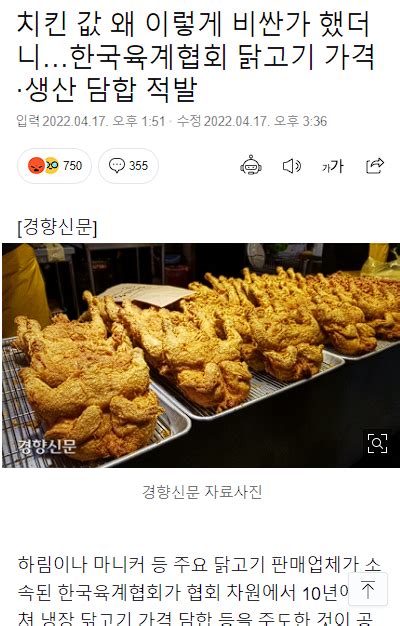 치킨 값한국육계협회 닭고기 가격·생산 담합 적발 오픈이슈갤러리 인벤